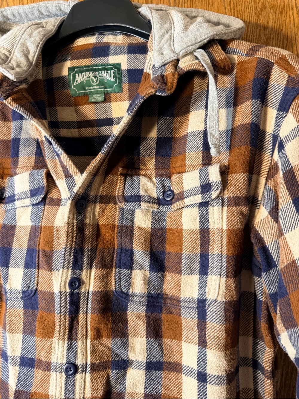 American Eagle Outfitters Brown, Blue & White Plaid Hooded Button-Down Flannel - Picture 5 of 6